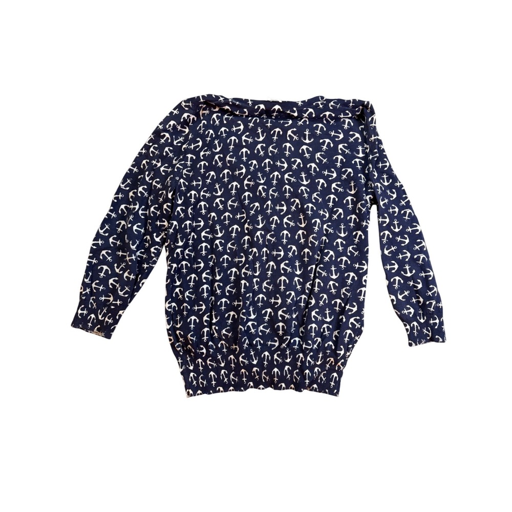 J Crew Navy White Anchor Print Cardigan Sweater Women's Size S V Neck Button Up - Picture 2 of 6